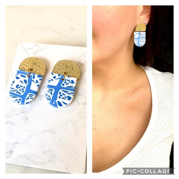Handmade/Handcrafted Polymer Clay Earrings Blue white and gold - Picture 1 of 3